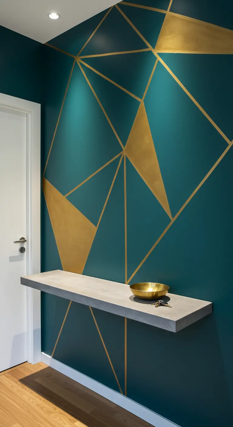 Pared de acento turquesa con un patrón geométrico dorado y una balda flotante.