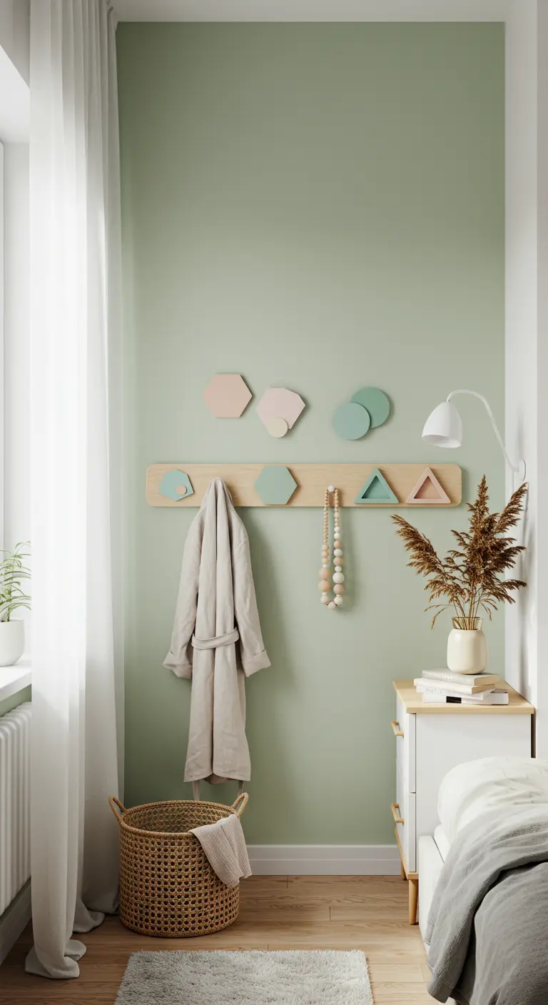 Perchero de pared de madera con ganchos geométricos en tonos pastel en un dormitorio.