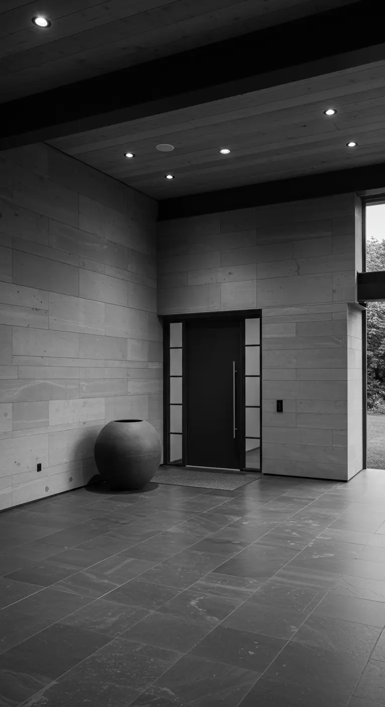 Entrada moderna en blanco y negro con paredes de piedra clara y una gran maceta esférica negra.