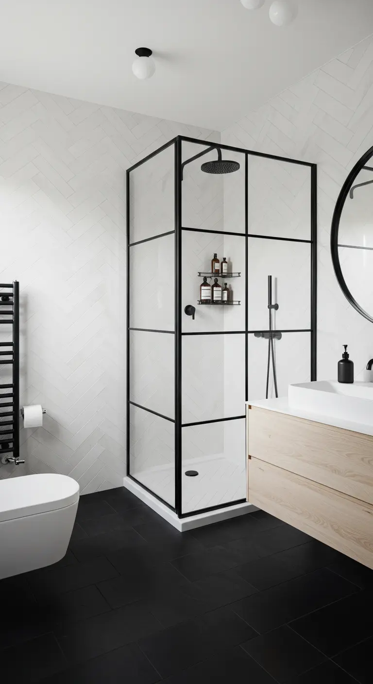 Baño con ducha de perfilería negra, azulejos blancos en espiga y suelo negro.