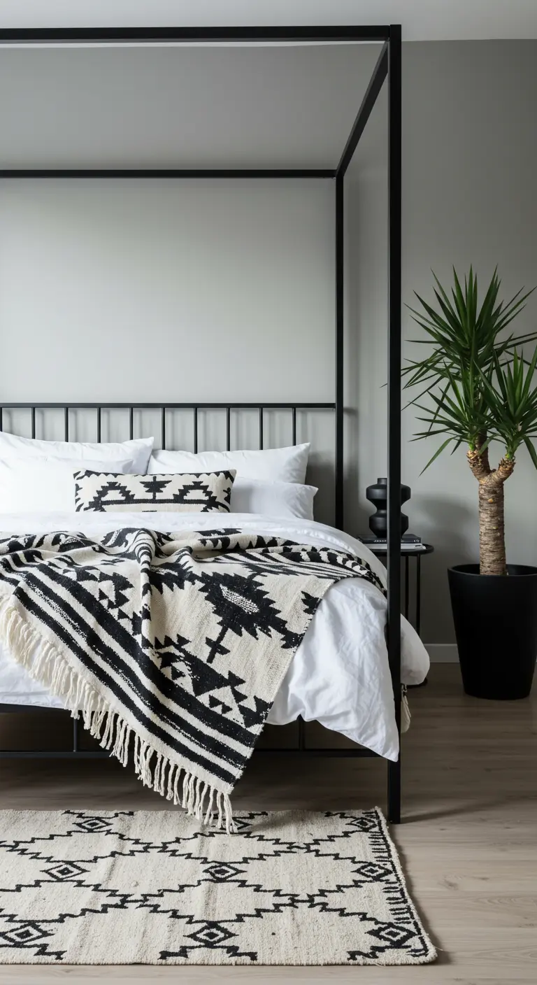 Dormitorio moderno con cama de dosel negra y textiles con patrones geométricos en blanco y negro