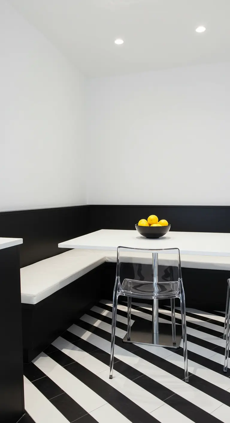 Comedor moderno en blanco y negro con suelo a rayas y sillas acrílicas transparentes.