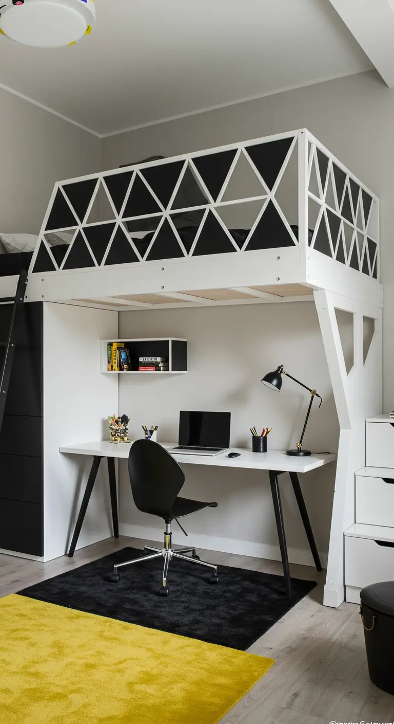 Cama alta blanca con una barandilla de diseño geométrico en blanco y negro