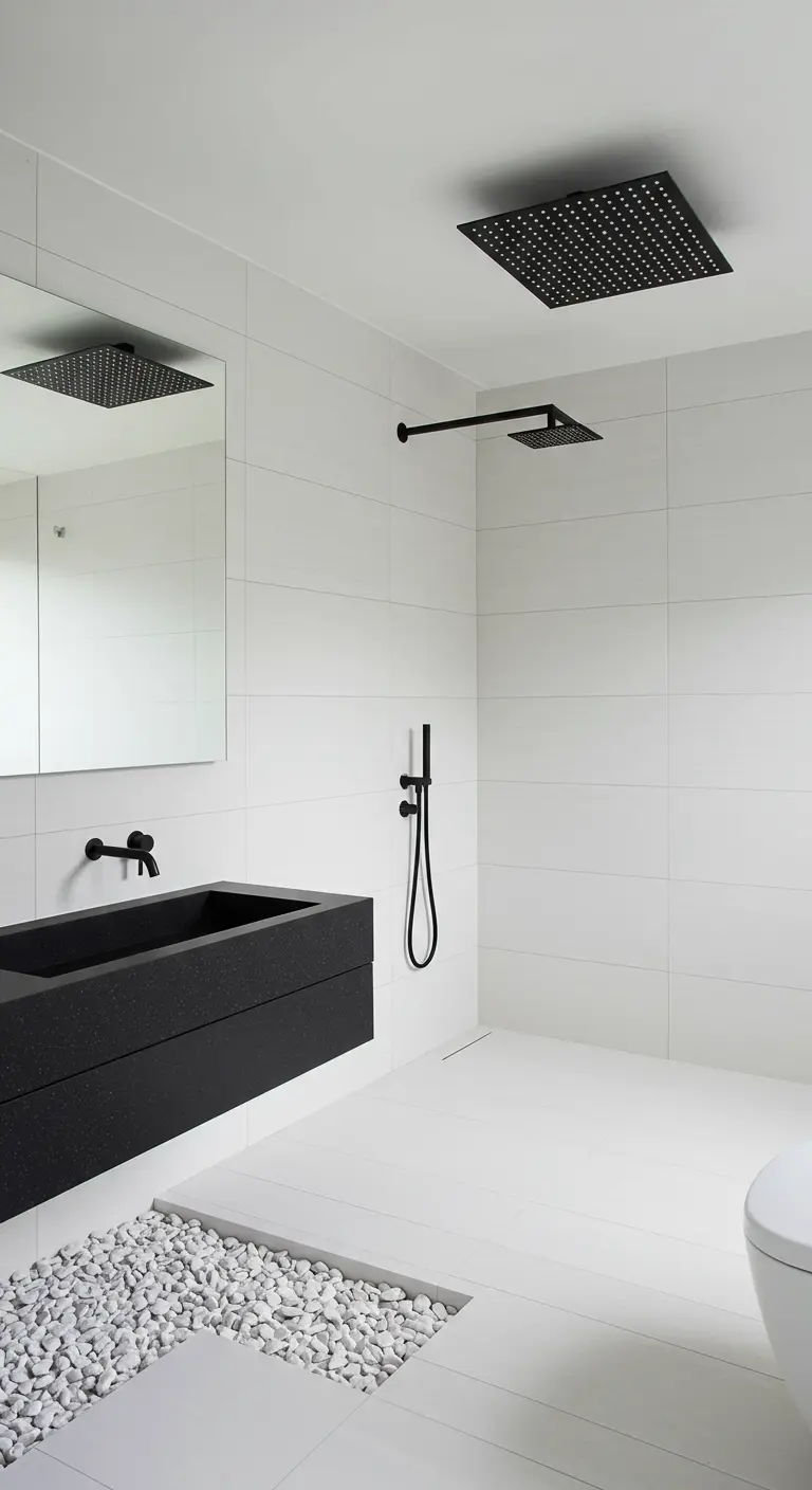 Baño moderno en blanco y negro con una zona de piedras blancas en el suelo.