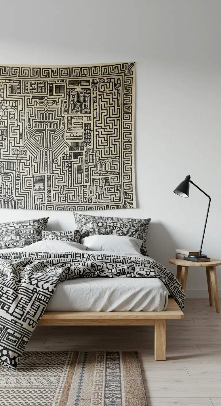 Dormitorio moderno con un gran tapiz de pared en blanco y negro con patrones geométricos.