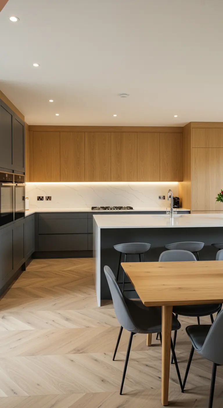 Cocina moderna con suelo de madera en espiga, armarios bajos grises y armarios altos de madera.