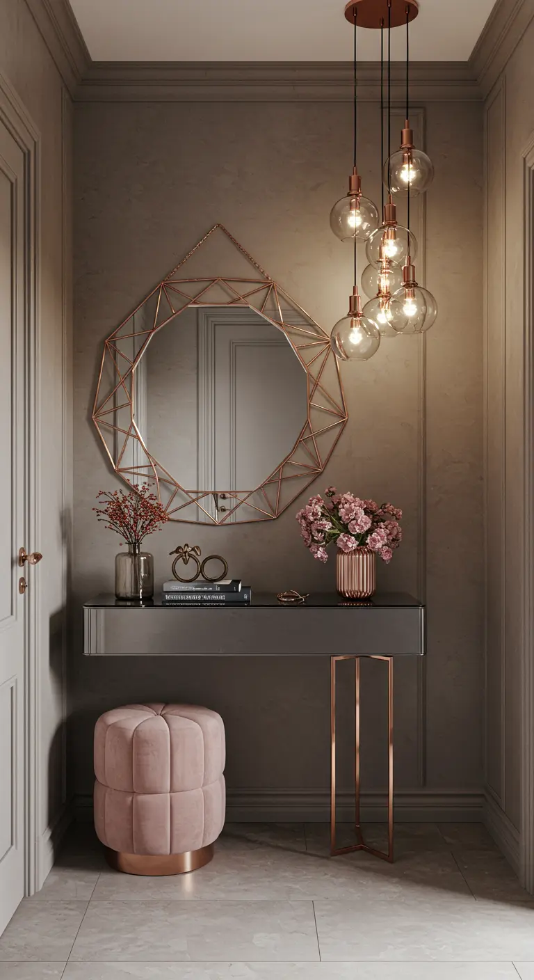 Entrada en tonos topo con un espejo geométrico de cobre y un puf de terciopelo rosa.