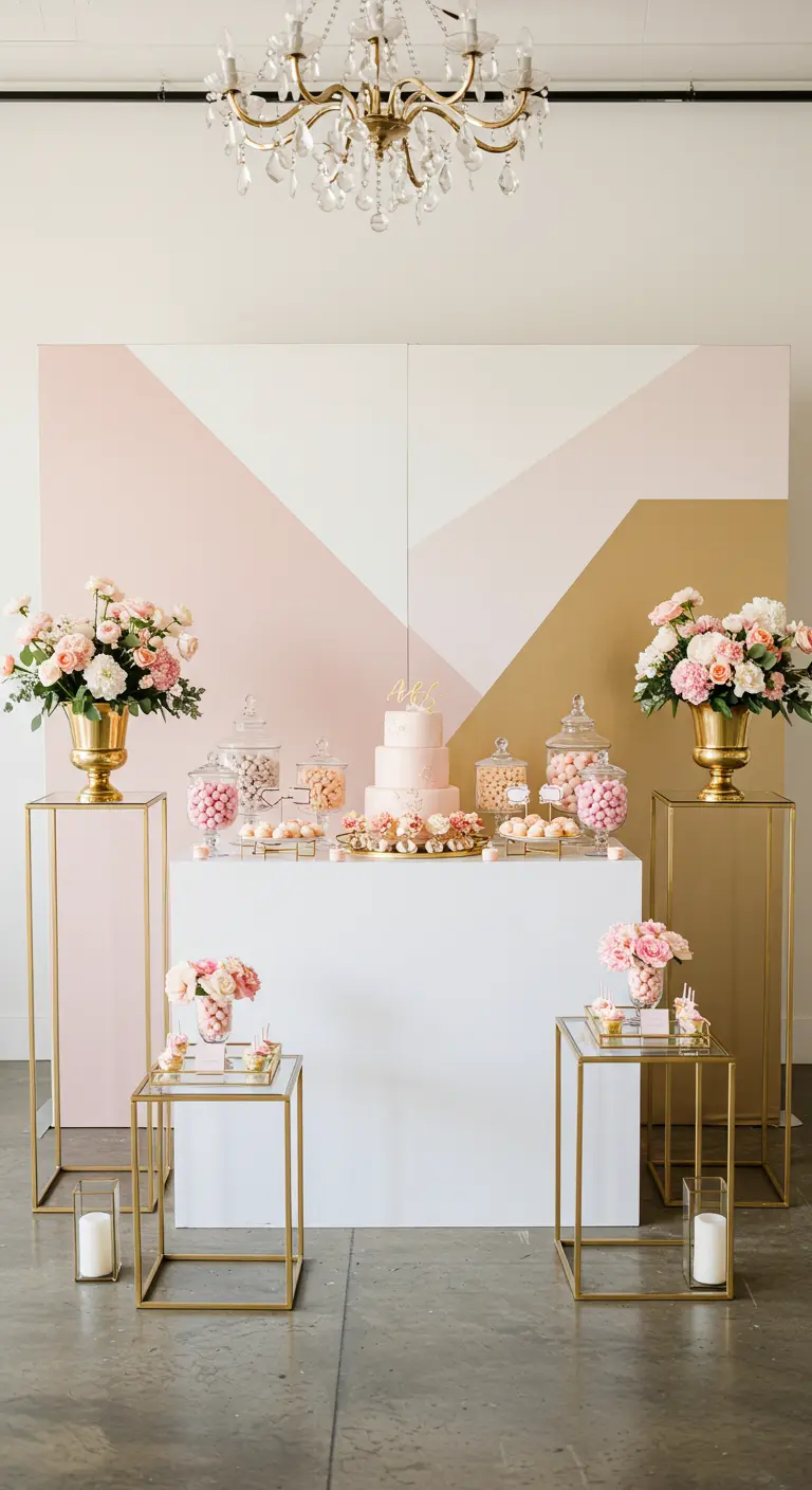 Candy bar moderno con un fondo geométrico en rosa, blanco y dorado, y pedestales metálicos.