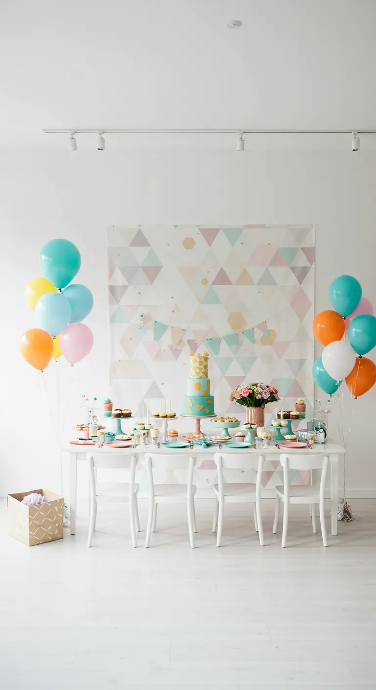 Una mesa de cumpleaños moderna y minimalista con globos y decoración geométrica en tonos pastel.