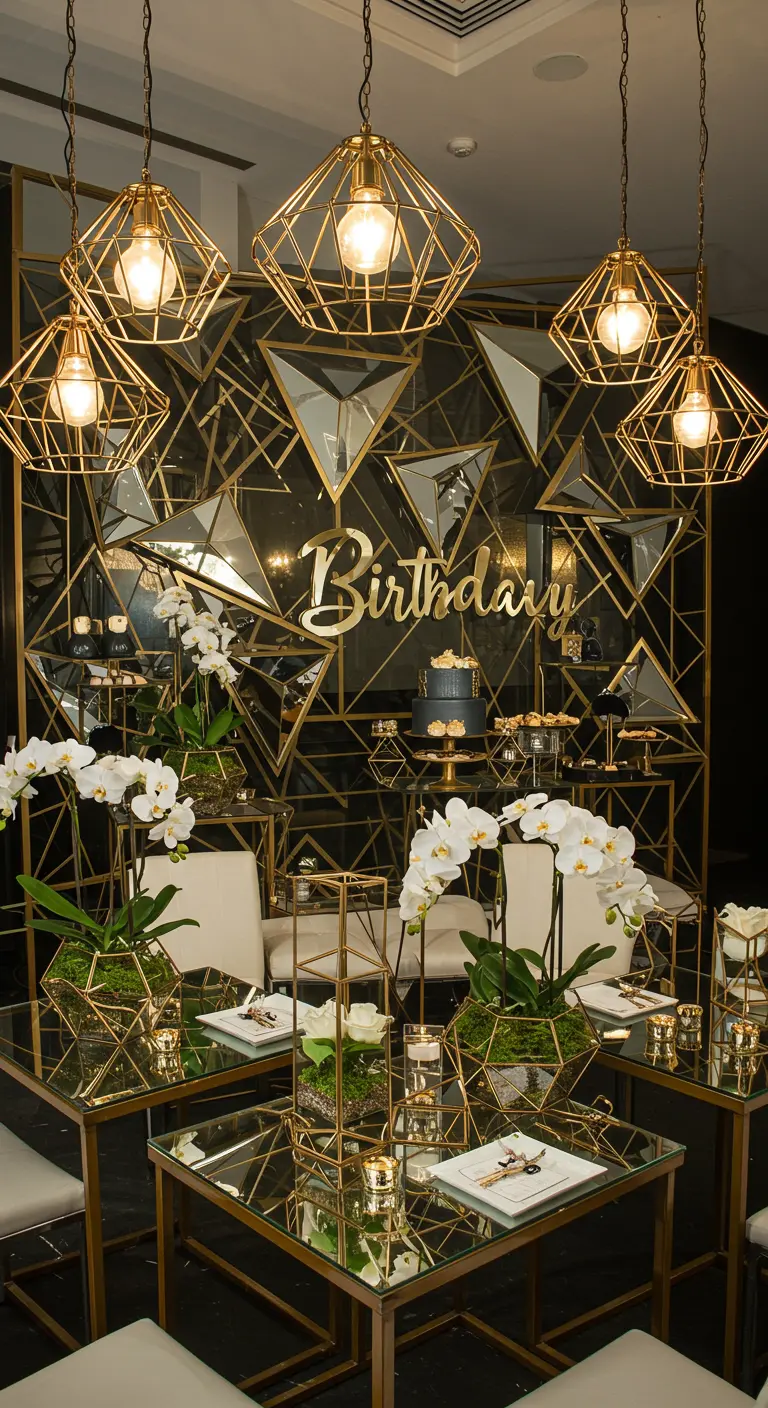 Fondo de fiesta Art Déco con patrones geométricos dorados y espejos, con orquídeas blancas.