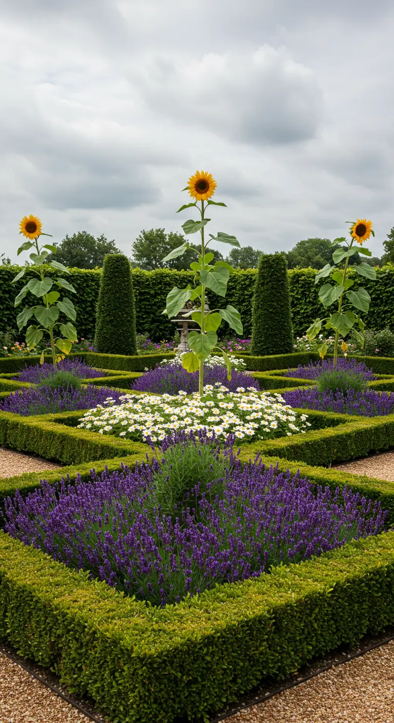 Jardín formal con setos de boj formando rombos, rellenos de lavanda y margaritas, con girasoles como acentos.