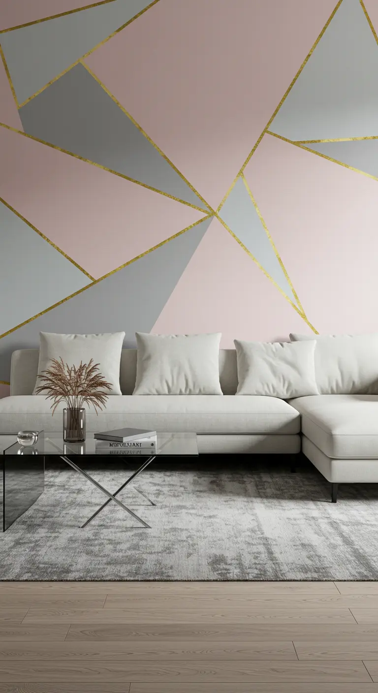 Pared con un diseño geométrico en rosa, gris y dorado detrás de un sofá blanco seccional.