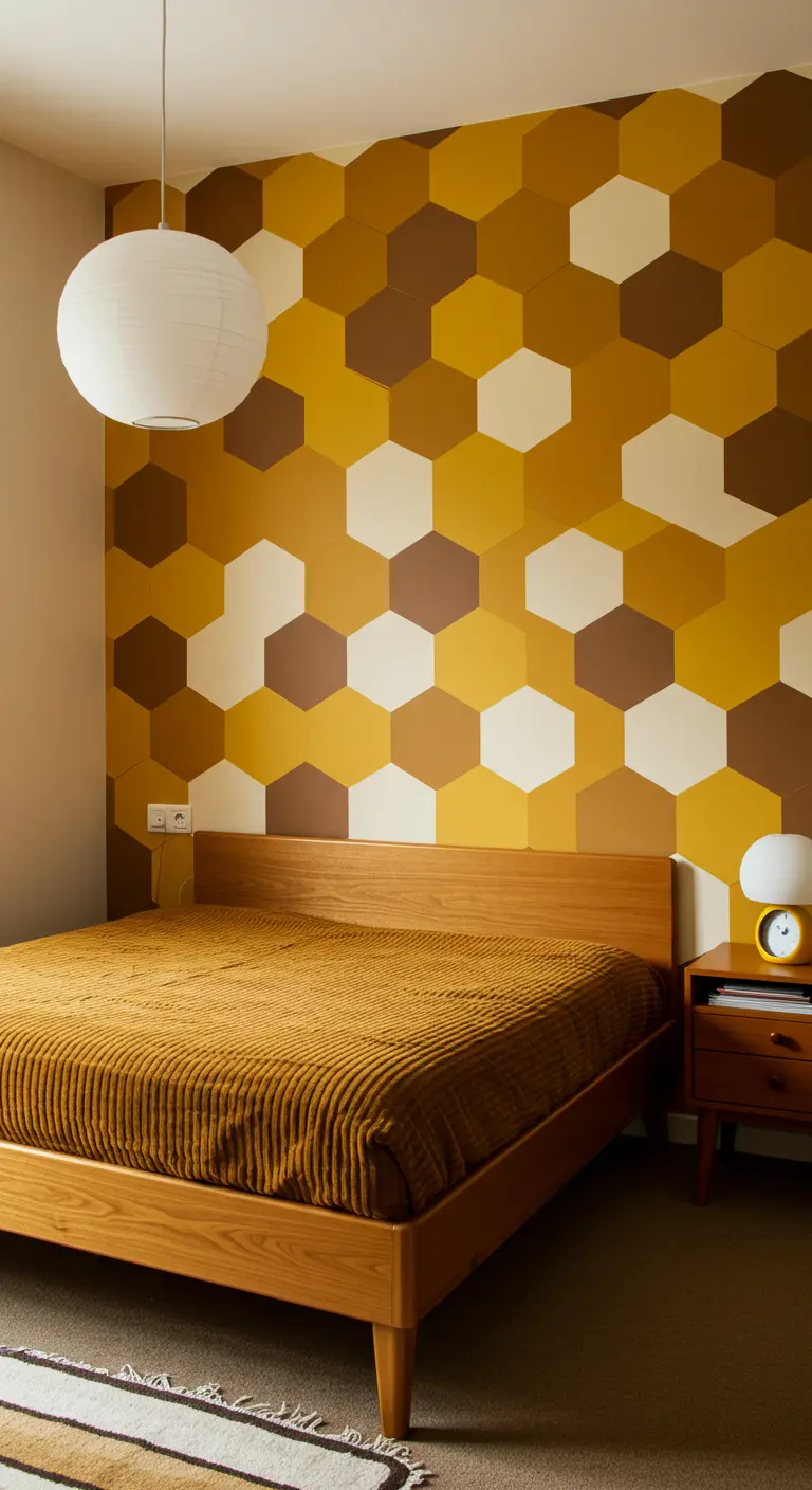 Pared de acento con patrón hexagonal en tonos mostaza, marrón y crema en un dormitorio retro.