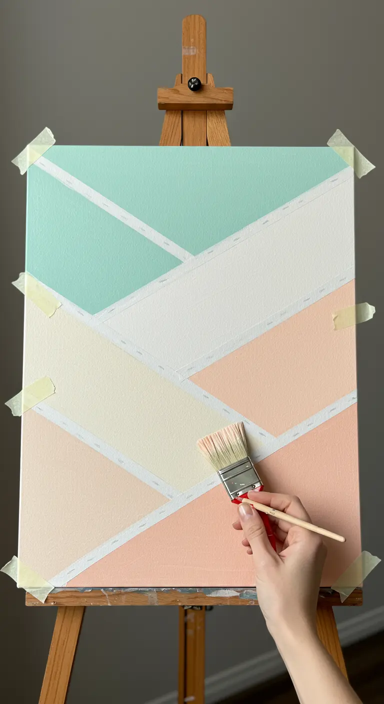 Mano pintando un lienzo con un diseño geométrico delimitado por cinta de pintor.