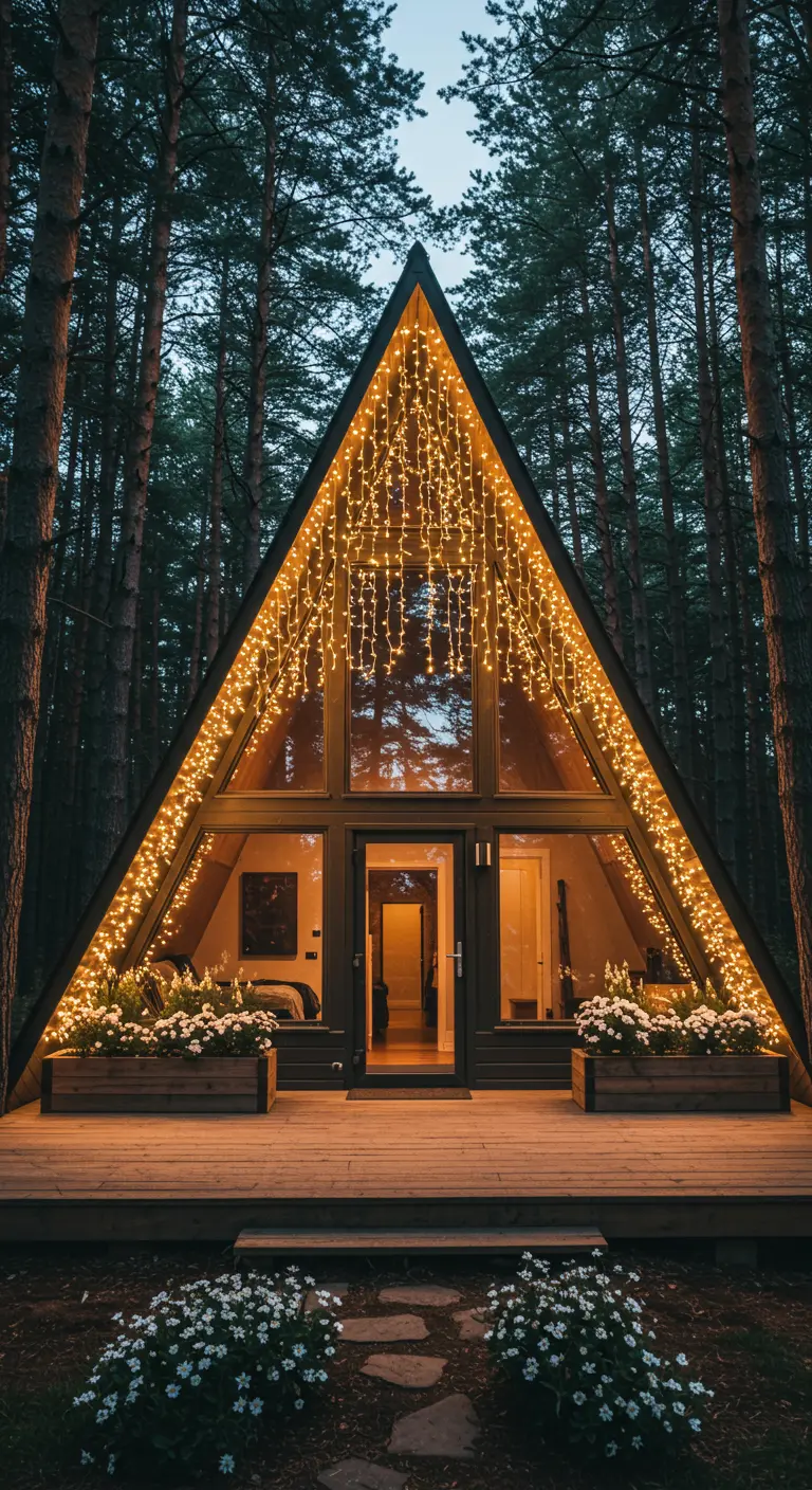Cabaña A-frame en el bosque con toda su silueta delineada con luces y cortinas de luz en el porche.