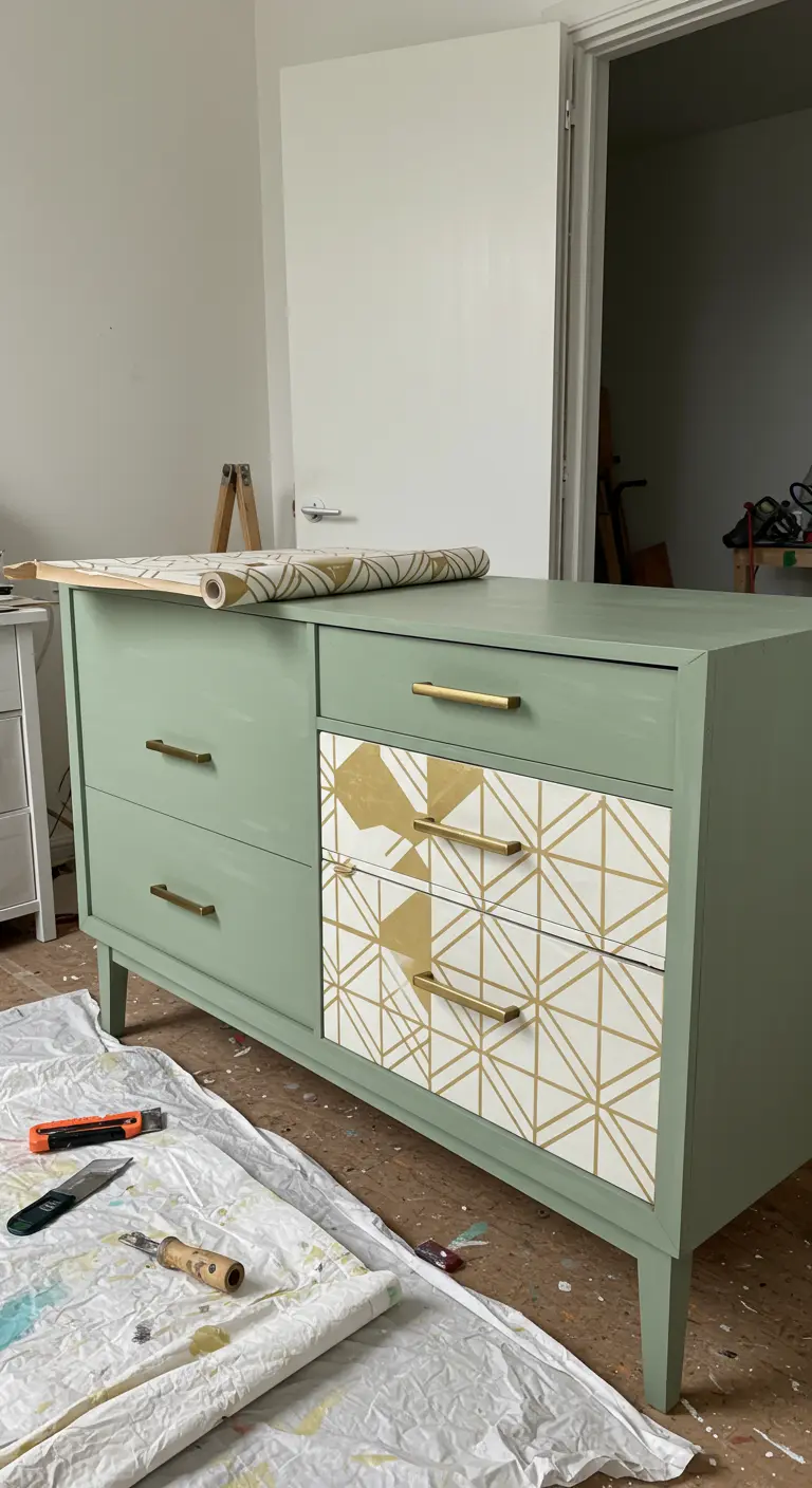 Cómoda de madera pintada de verde menta con dos cajones forrados con papel de patrón geométrico dorado.