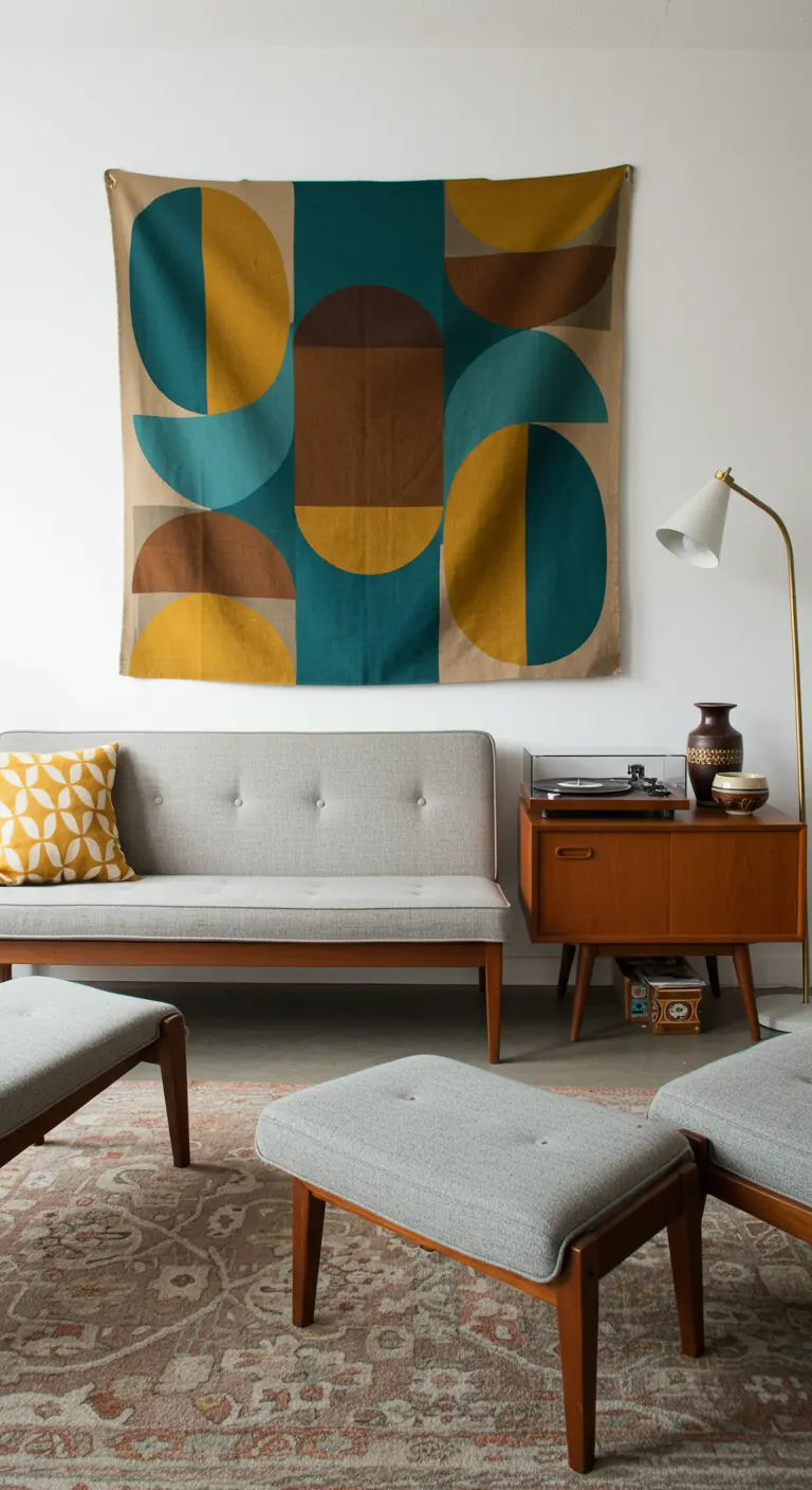 Sala de estar Mid-Century Modern con un tapiz de formas geométricas en verde y mostaza.