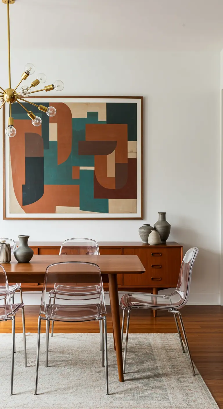 Comedor mid-century con arte abstracto geométrico en tonos tierra y sillas transparentes.