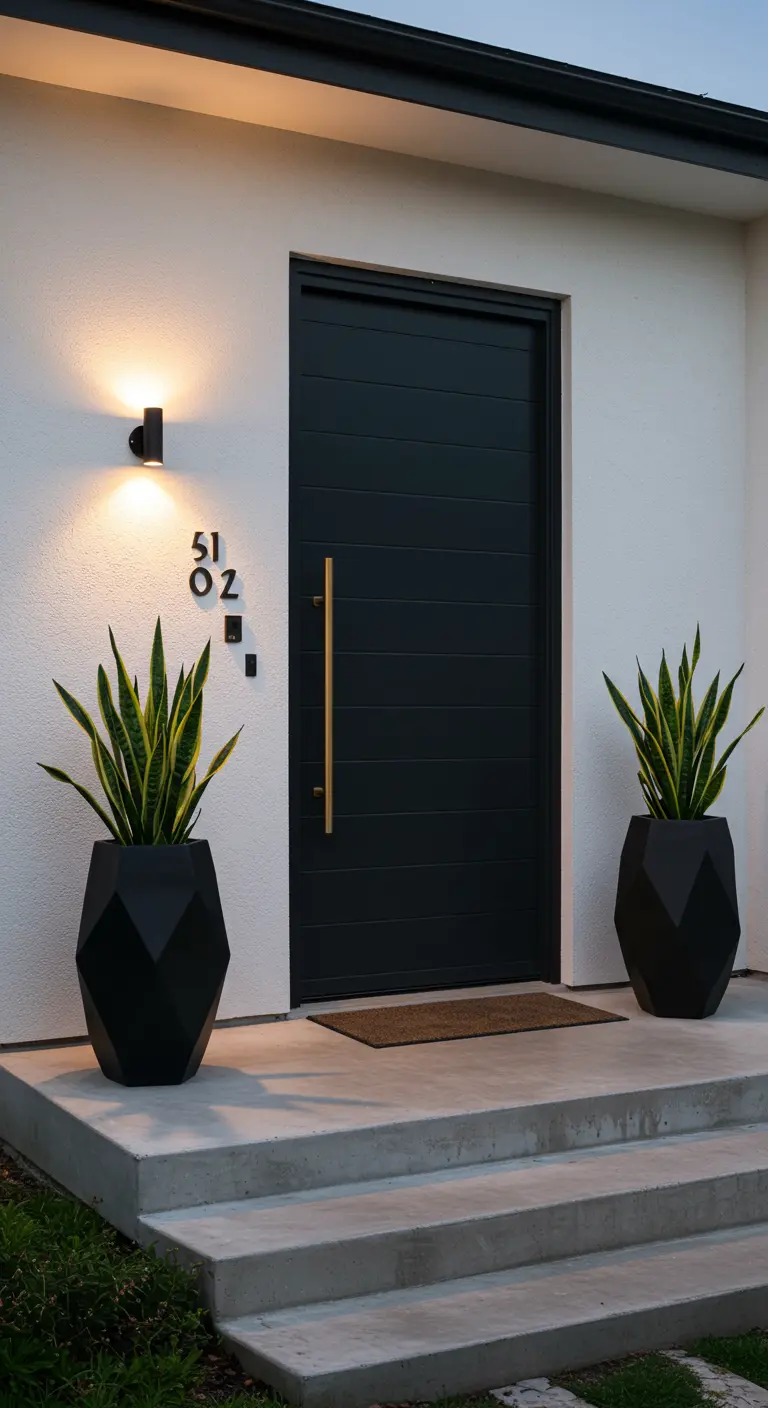 Entrada moderna con puerta negra, maceteros geométricos negros y tirador dorado.