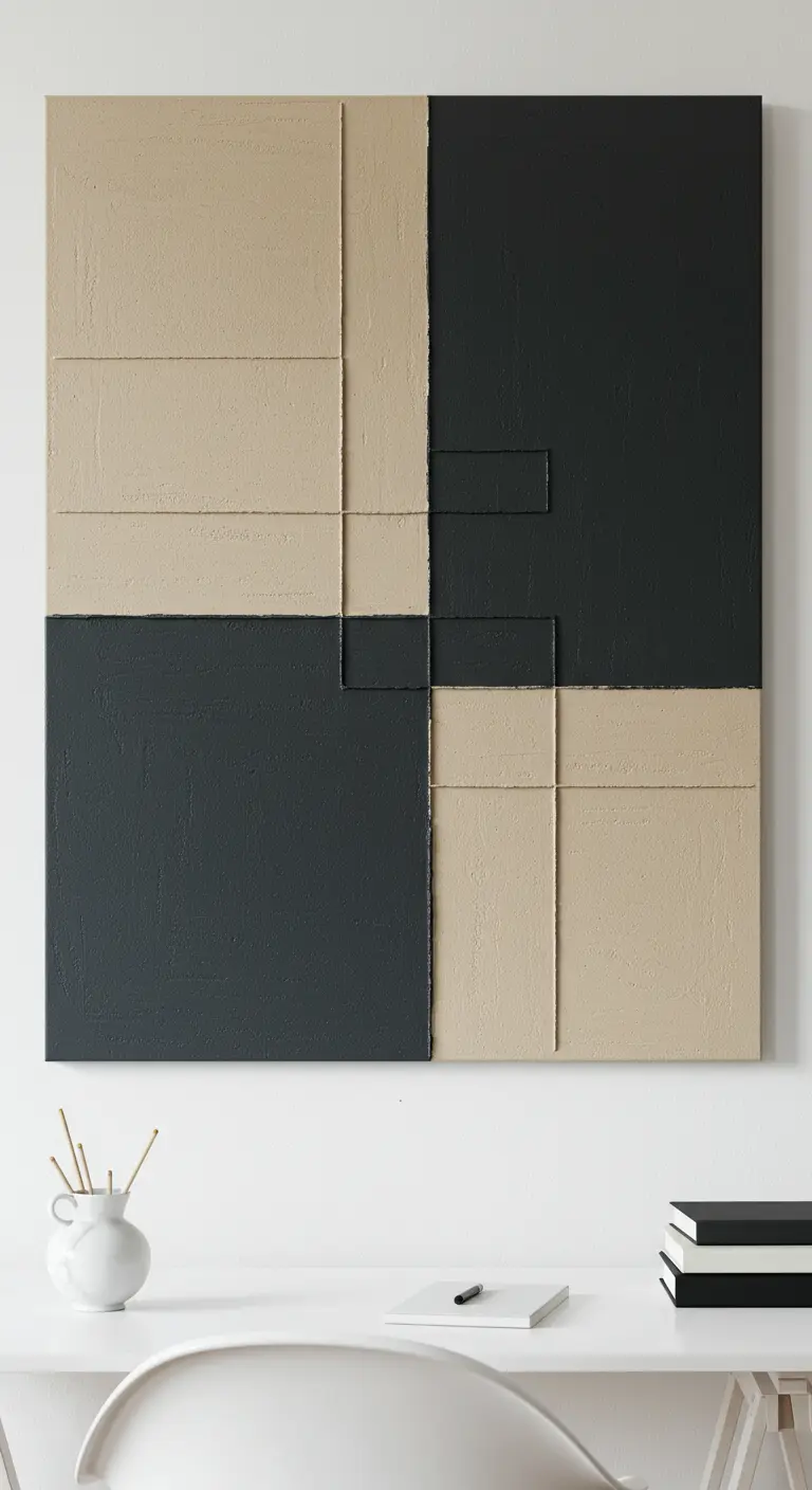 Cuadro abstracto con bloques geométricos en negro y beige texturizado