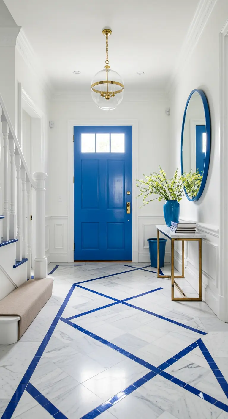 Entrada moderna con puerta azul cobalto, suelo de mármol con líneas azules y detalles dorados.