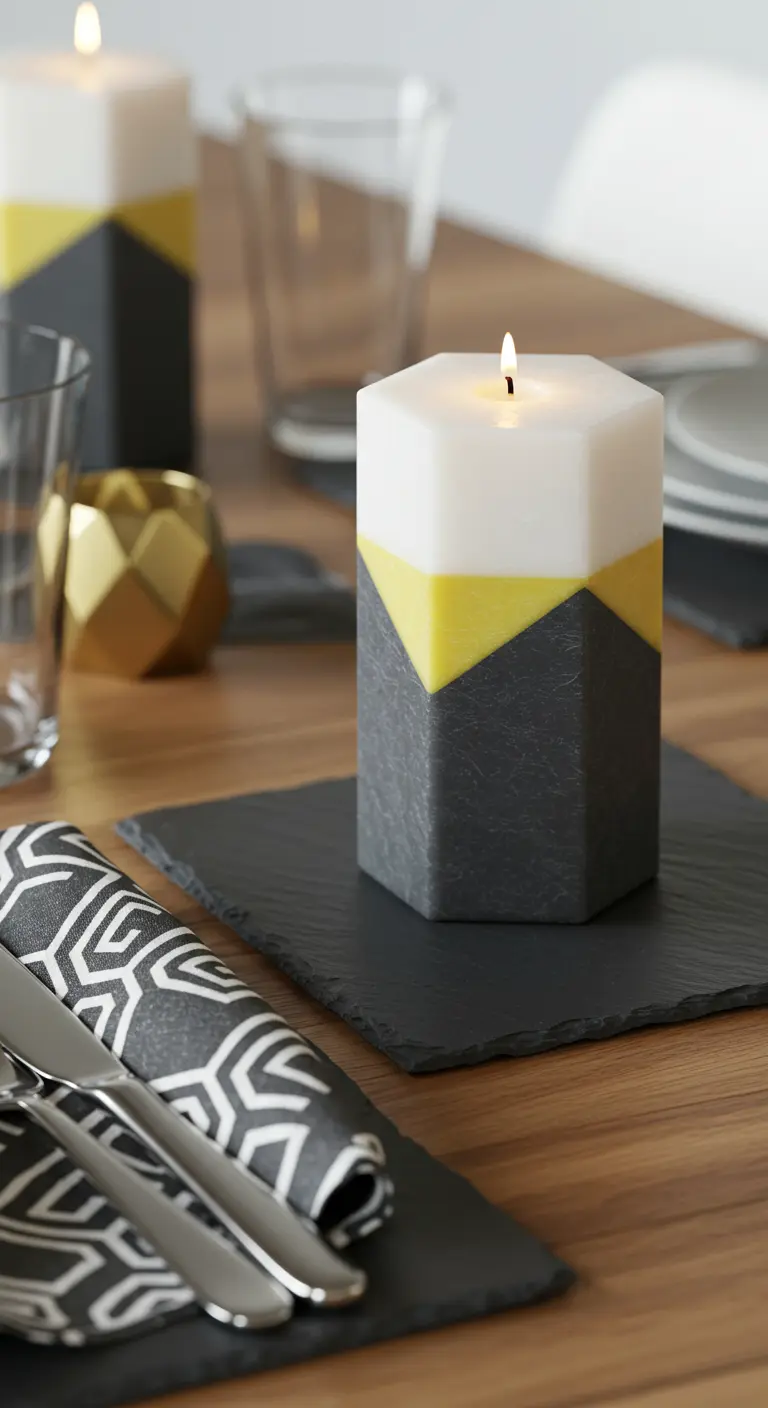 Vela hexagonal con capas geométricas en gris, amarillo y blanco sobre una base de pizarra.