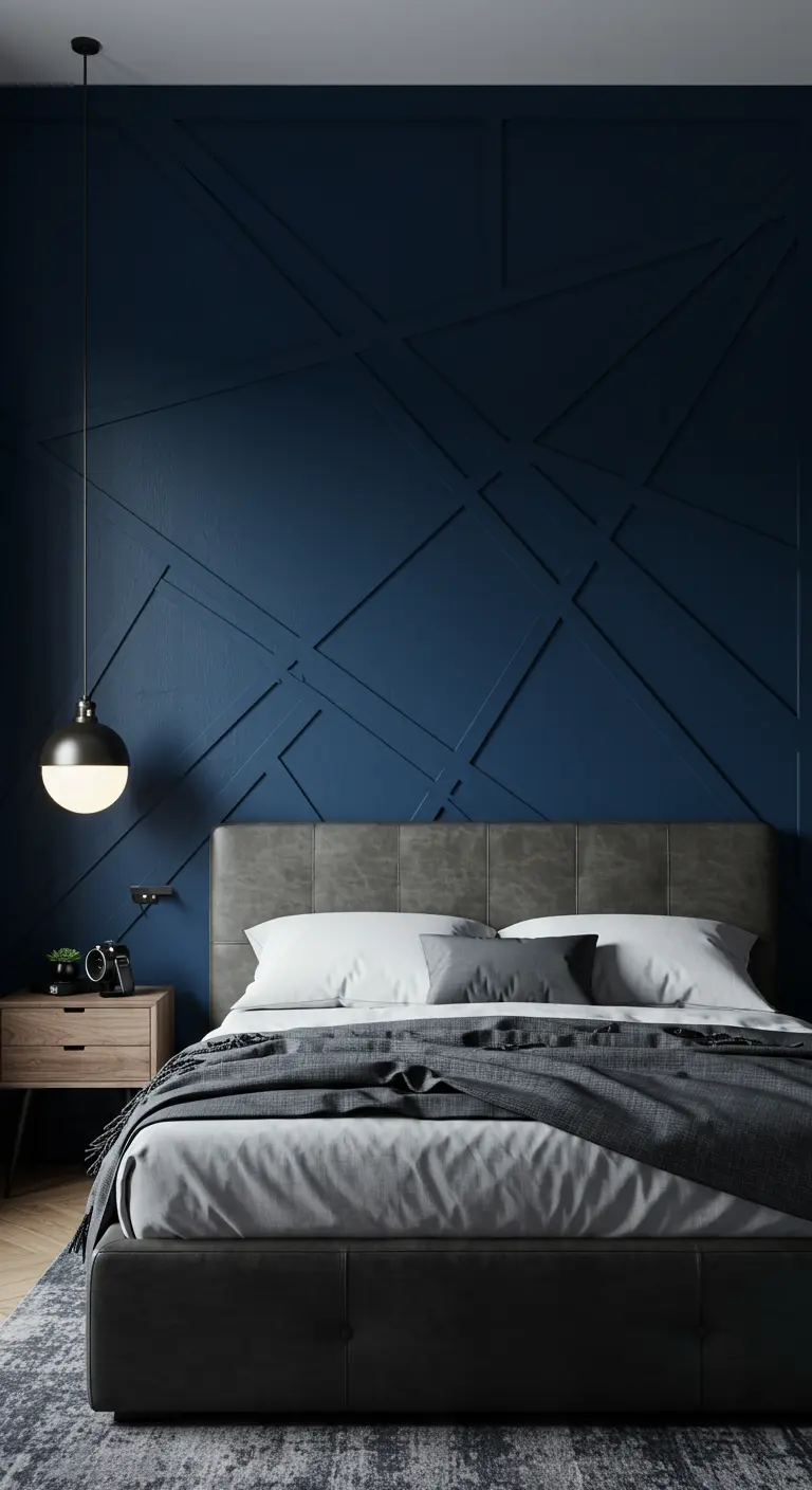 Pared azul oscuro con un patrón geométrico en relieve hecho con listones de madera.