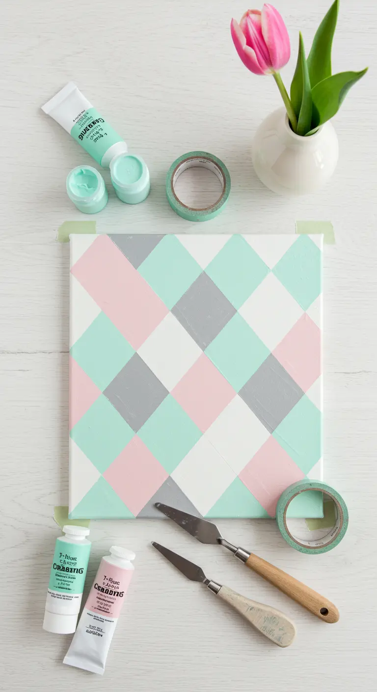Cuadro con patrón de rombos en tonos pastel menta, rosa y gris, junto a los botes de pintura.