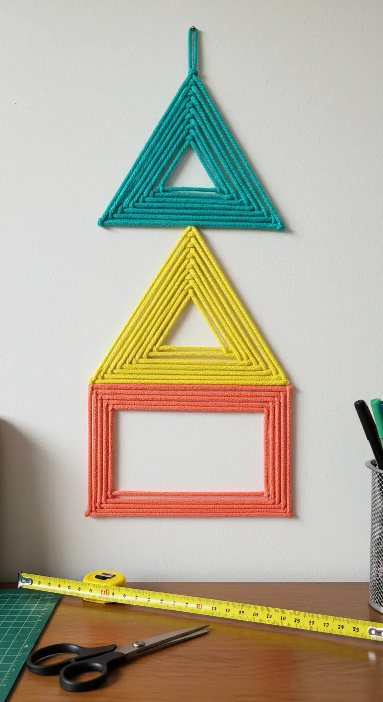 Decoración de pared hecha con hilo de colores (turquesa, amarillo, coral) enrollado en marcos geométricos.