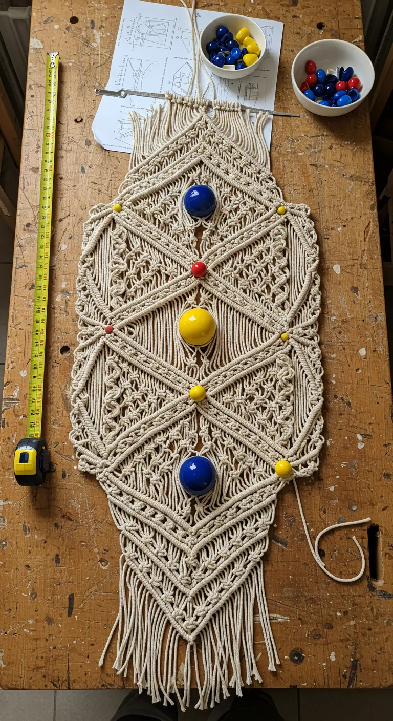Tapiz de macramé en proceso con nudos geométricos y cuentas de colores primarios.