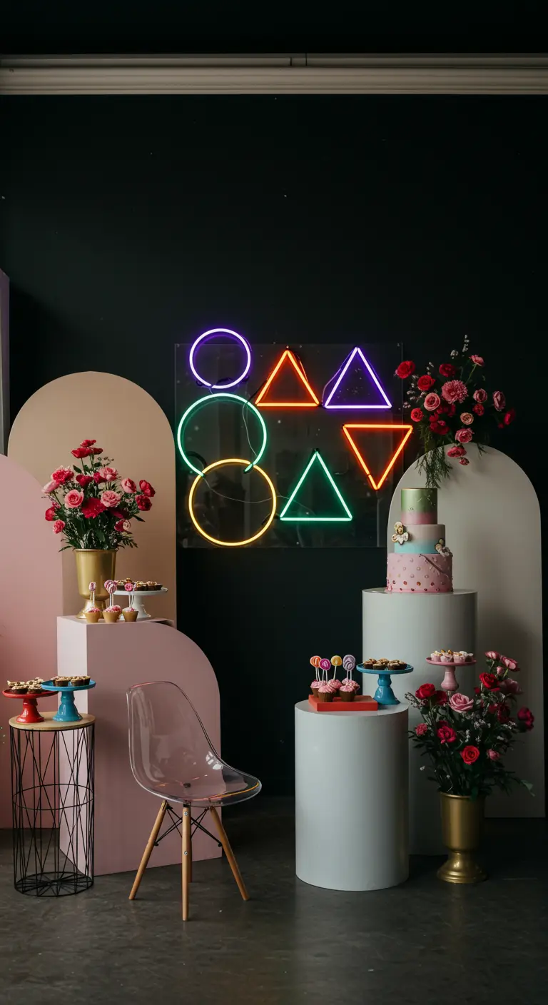 Decoración moderna con figuras geométricas de neón de colores sobre un fondo de bloques de color.