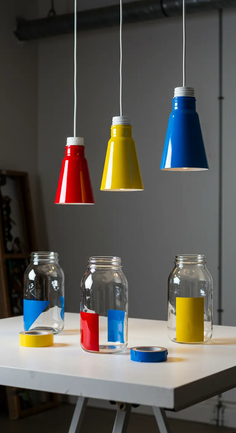 Lámparas colgantes modernas DIY con frascos pintados en bloques de colores primarios.