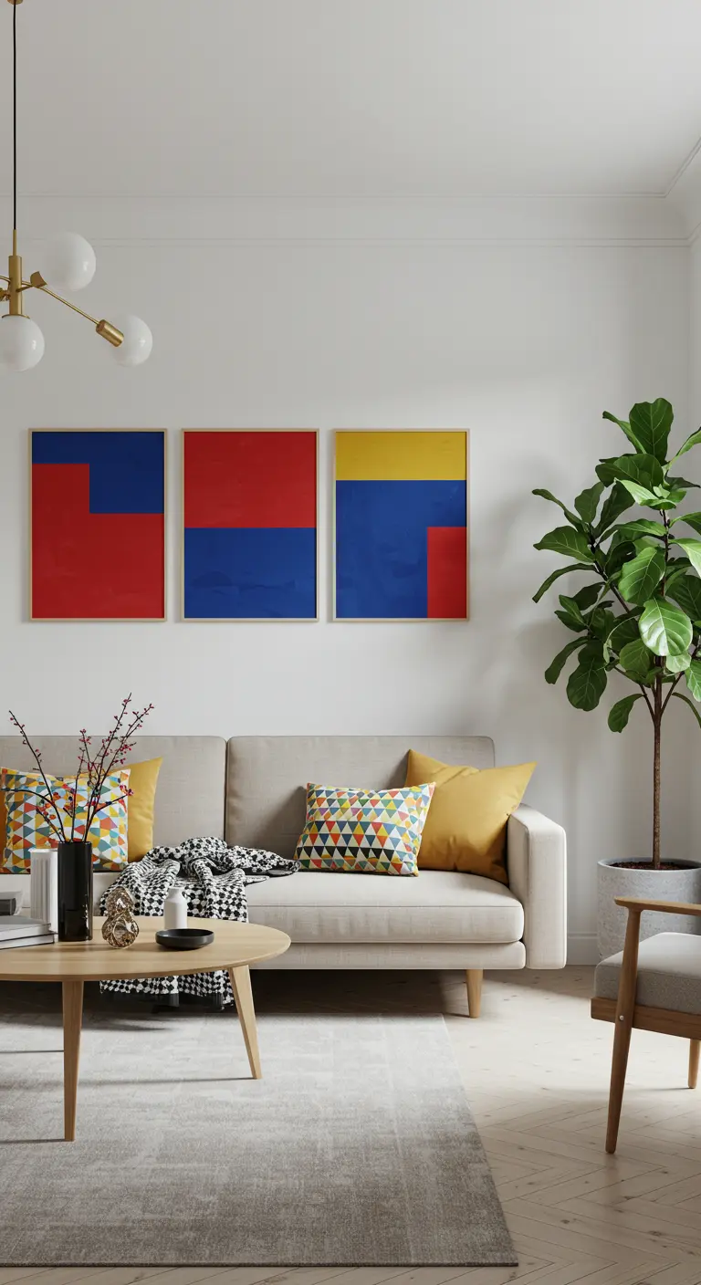 Sala luminosa con sofá beige y tres cuadros geométricos en colores primarios.