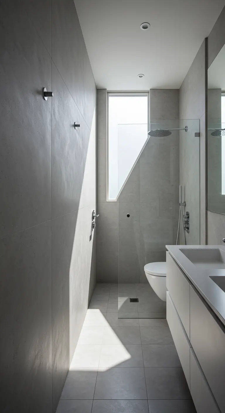 Baño minimalista con una ventana de forma angular que proyecta una sombra marcada
