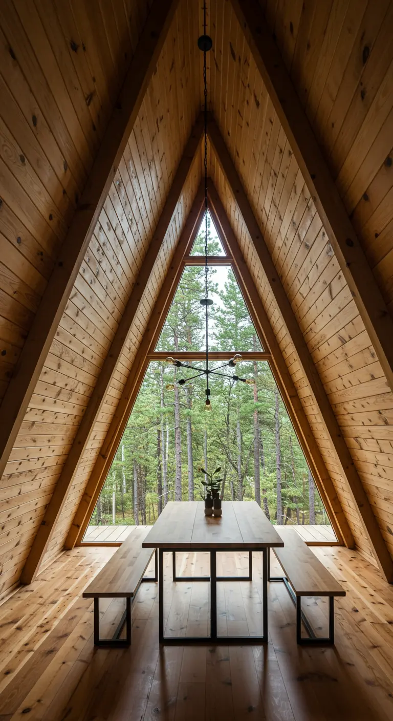 Comedor en una cabaña A-frame con paredes y techo de madera y un gran ventanal triangular