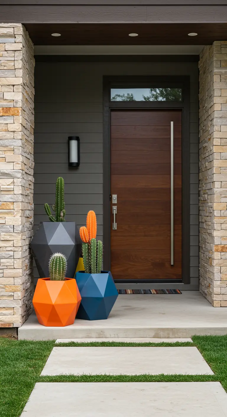 Entrada moderna con tres macetas geométricas de color naranja y azul con diferentes tipos de cactus.
