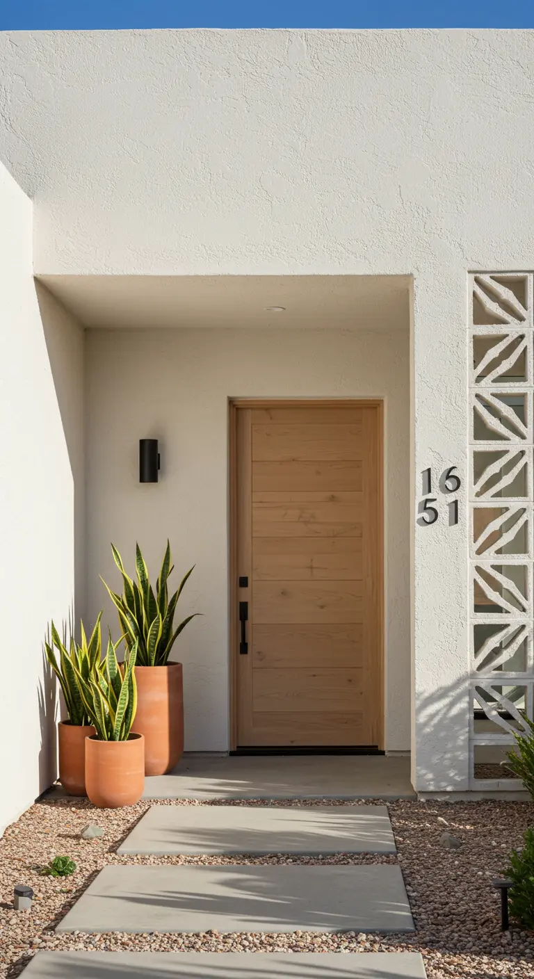 Entrada minimalista con pared blanca, macetas altas de terracota y plantas de serpiente