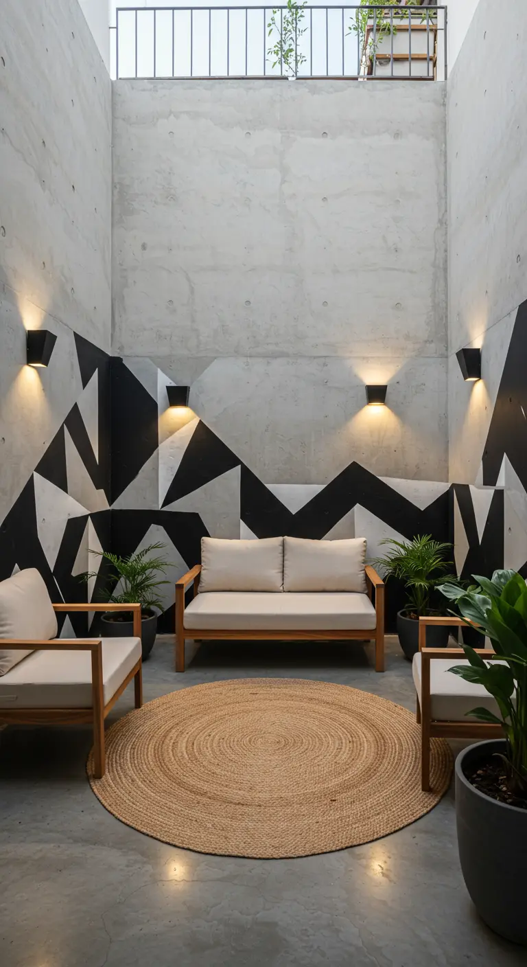 Patio interior de cemento con un mural geométrico en blanco y negro y muebles de madera