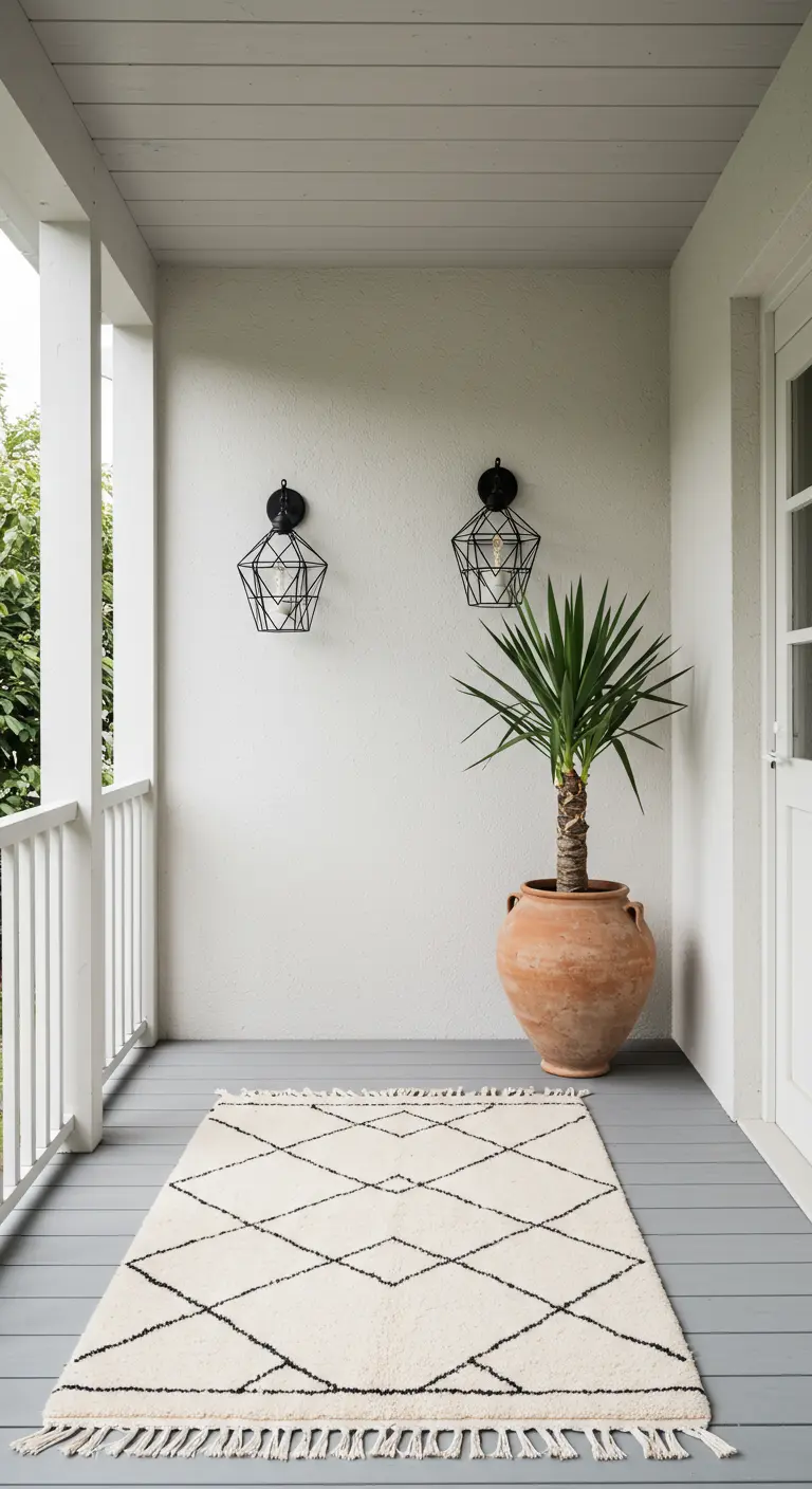 Porche minimalista con alfombra de rombos blancos y negros, una yuca en maceta y apliques de pared