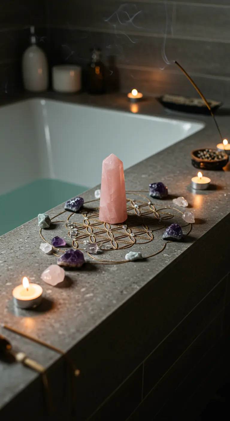 Rejilla de cristales con cuarzo rosa y amatista sobre el borde de una bañera con velas.