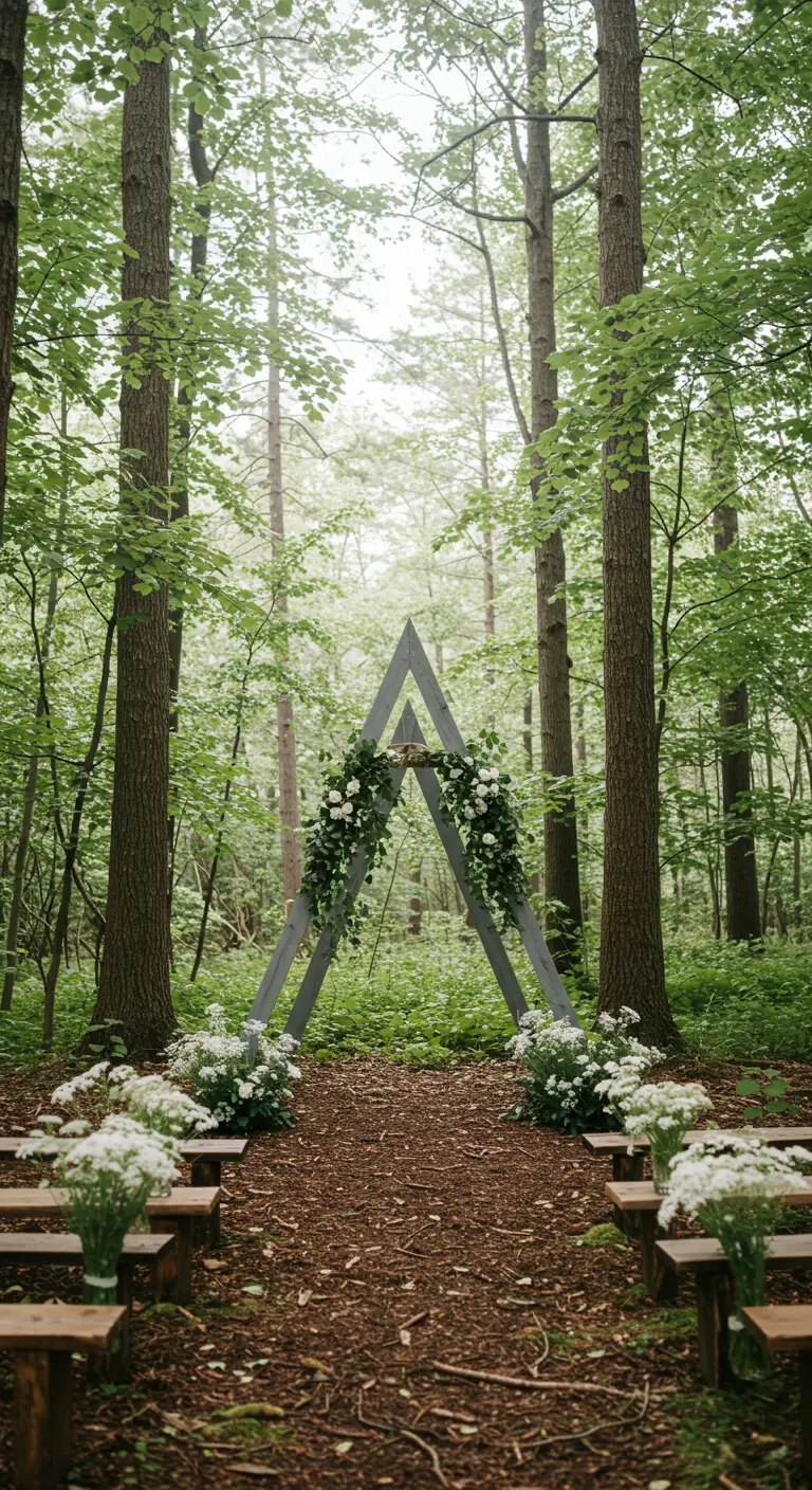 Altar de boda triangular de madera gris con flores blancas en un bosque.
