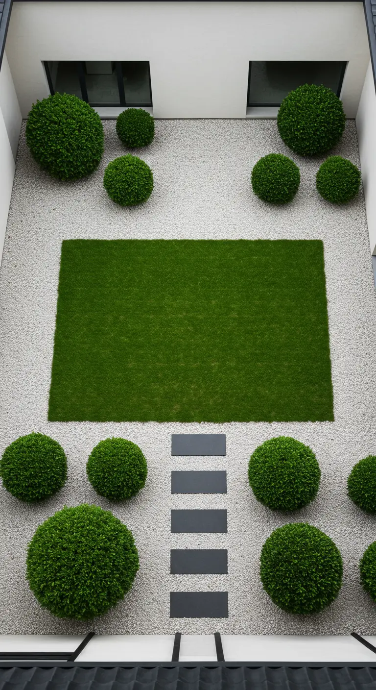 Vista cenital de un patio con un rectángulo de césped, grava blanca y arbustos esféricos.