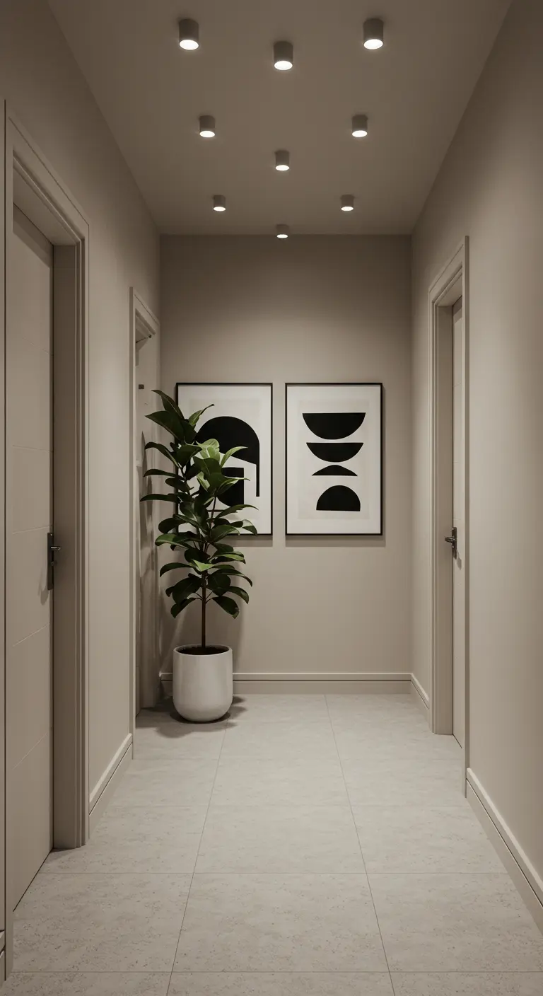 Pasillo en tonos neutros con dos cuadros geométricos en blanco y negro y una planta de interior alta.