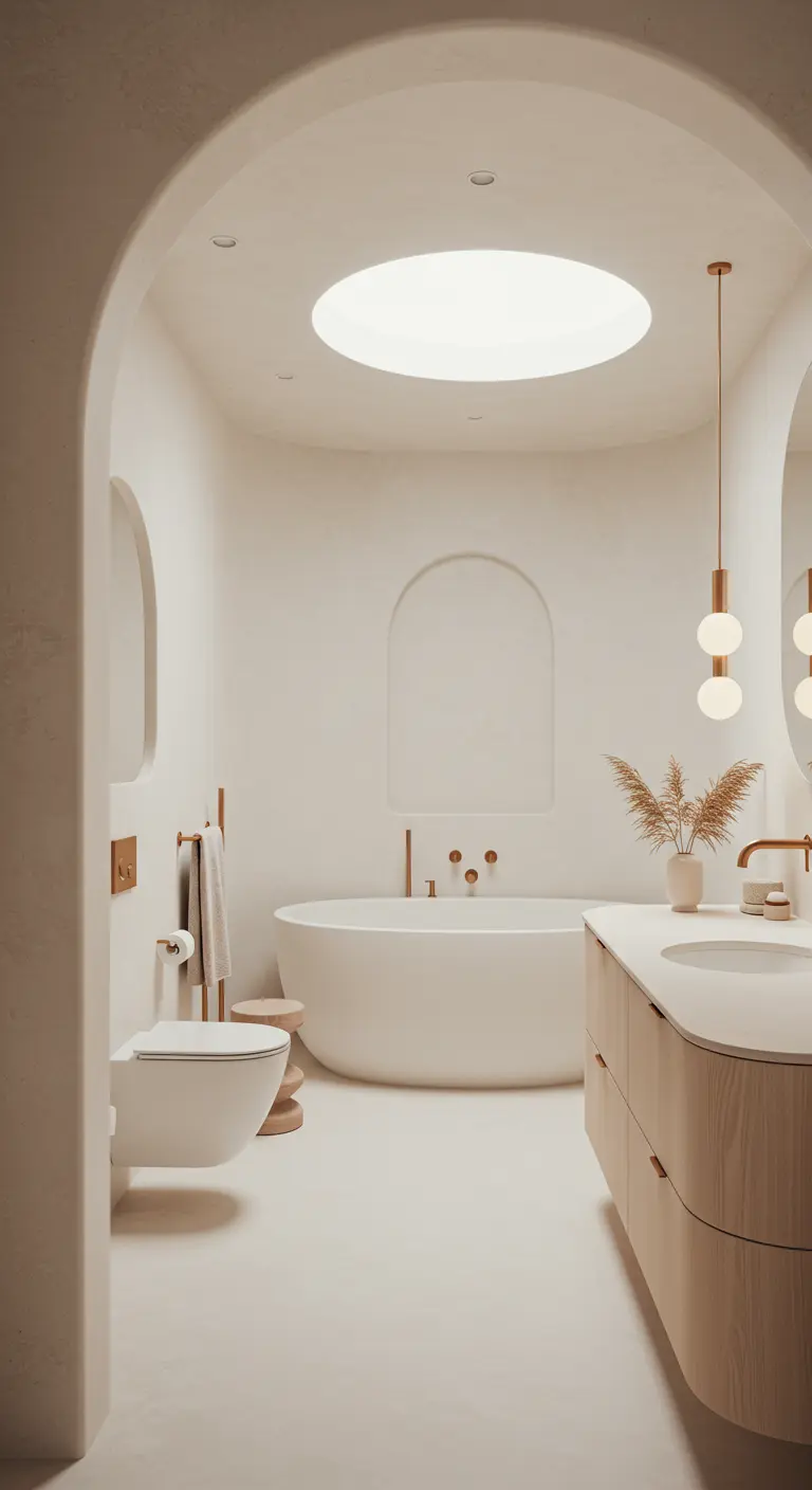 Baño en tonos crema con formas curvas, arcos arquitectónicos y un tragaluz redondo.