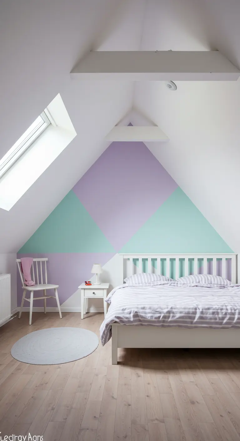 Dormitorio en un ático con un mural geométrico en tonos pastel de lavanda y menta en la pared.