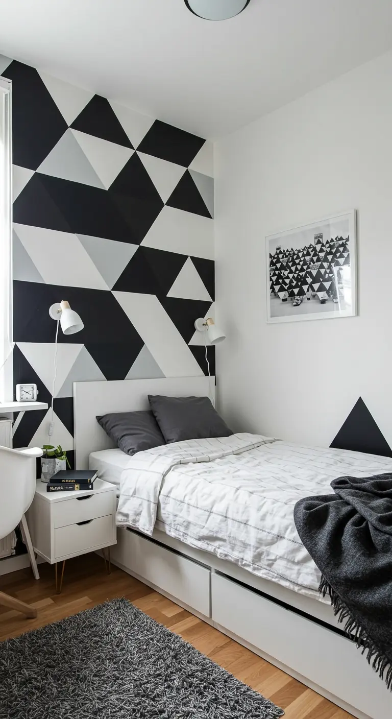 Pared de acento con un patrón geométrico de triángulos en blanco, negro y gris que crea un efecto 3D.