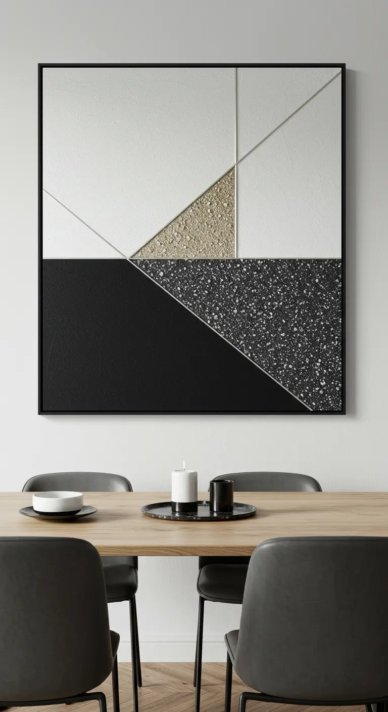 Cuadro abstracto geométrico en blanco y negro con una sección de arena dorada