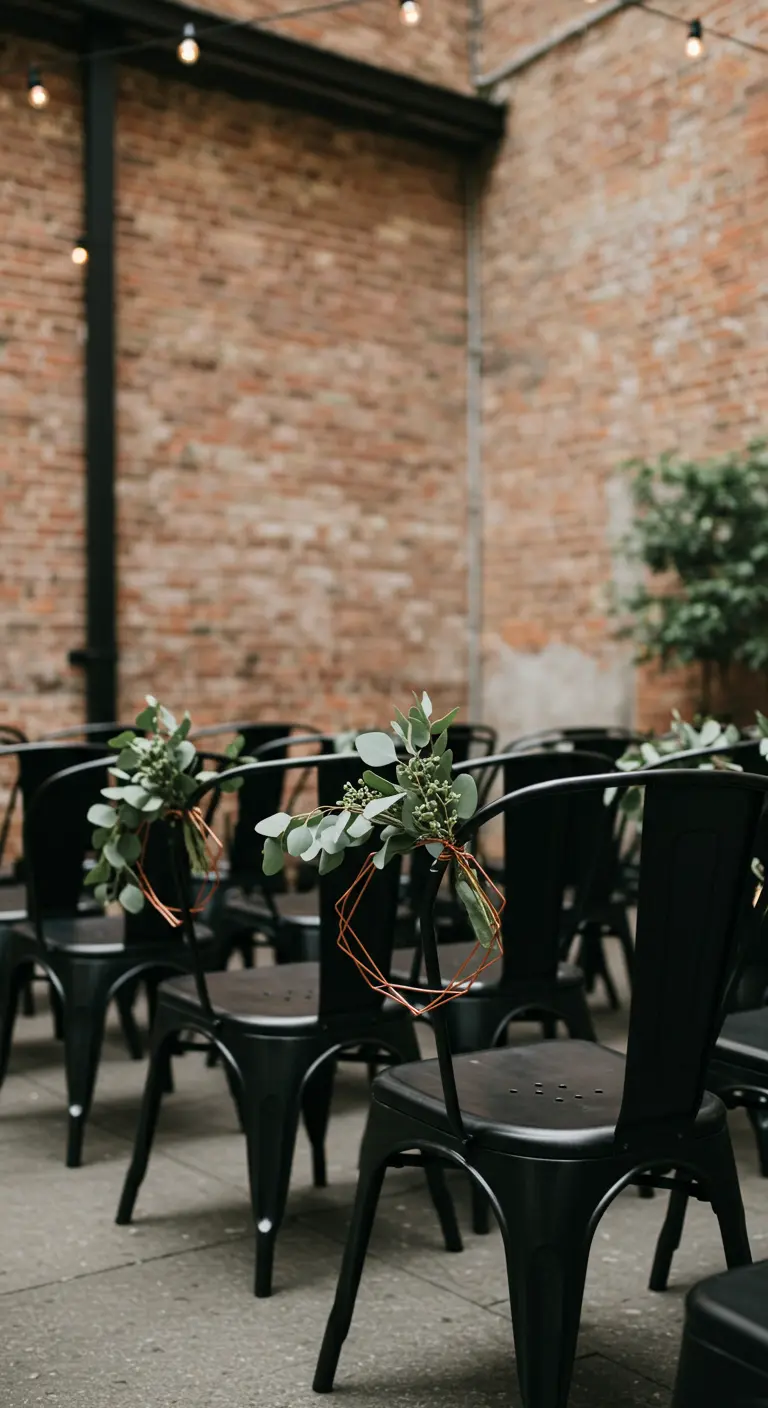 Sillas metálicas negras con eucalipto entrelazado en una estructura geométrica de cobre.