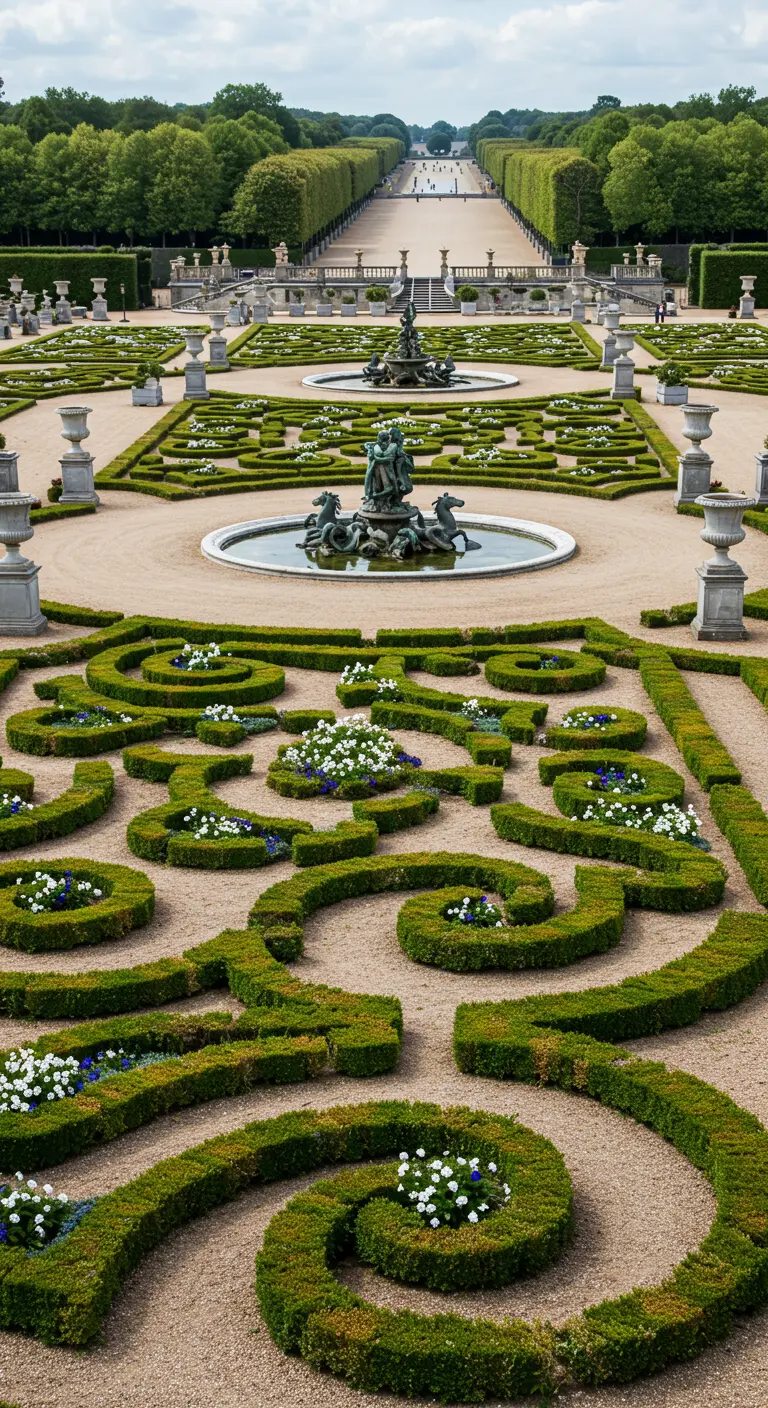 Jardín de estilo francés con parterres curvilíneos de seto bajo y fuentes circulares.