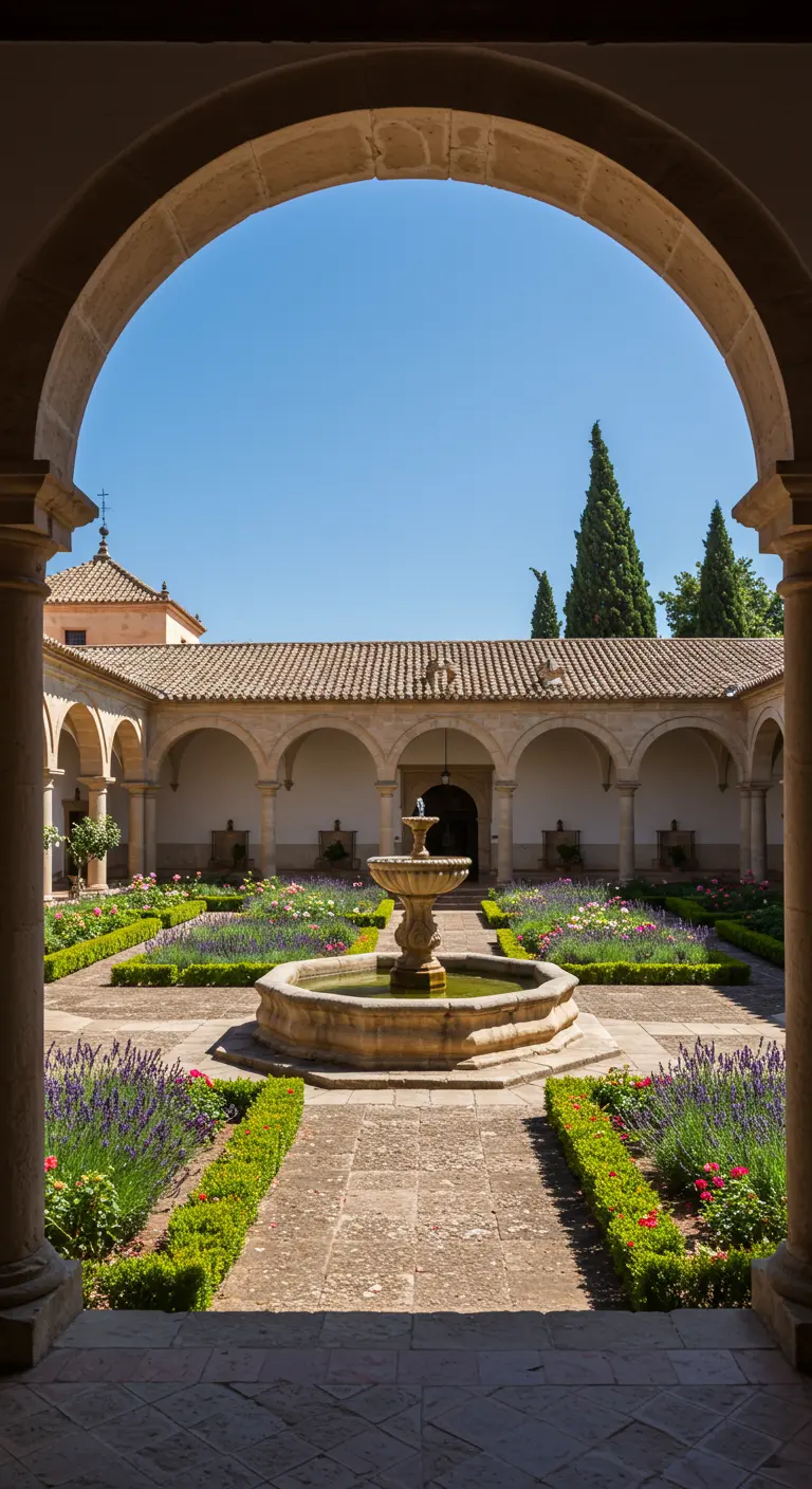 Patio tipo claustro con una fuente central y parterres geométricos de lavanda y rosas